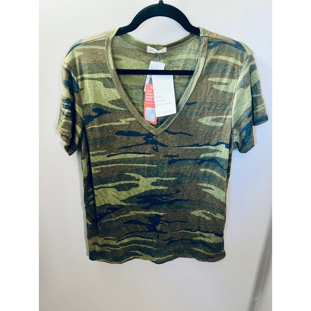 Alternative Apparel Womens Camo V-Neck Green Knit Jersey Tee XL NWT Army